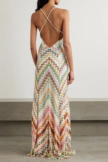 Contrast Color V-neck Sleeveless Slim Maxi Dress