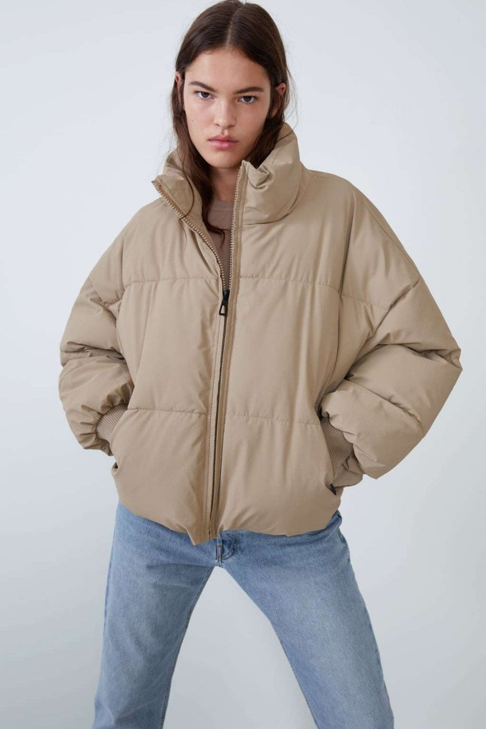 Casual Cropped Puffer Jacket S / Khaki