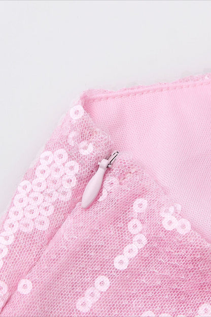 Pink Sequin V-Neck Slit Party Dress