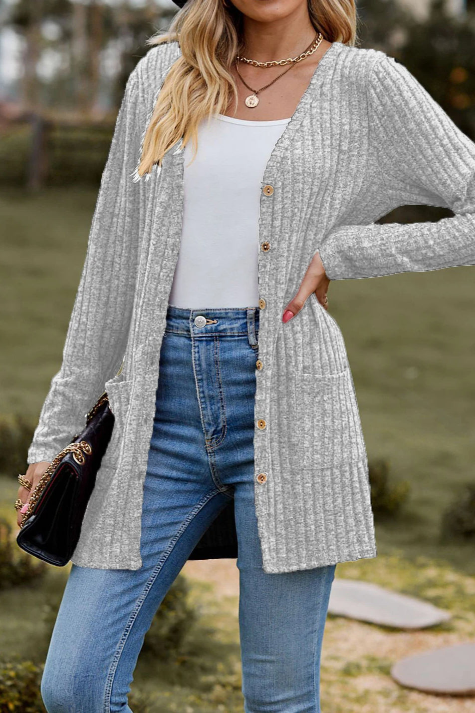 Brushed Ribbed Long Sleeve Cardigan Grey / S