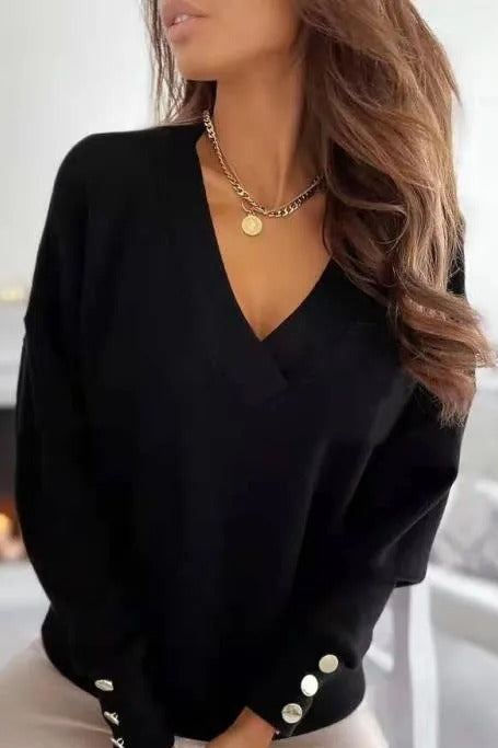 V Neck Button Knit Pullover Sweater
