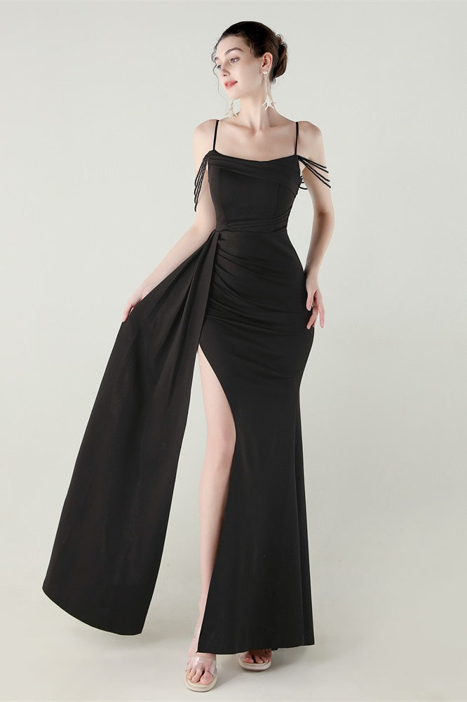 Satin Spaghetti Strap Mermaid Party Dress Black / S