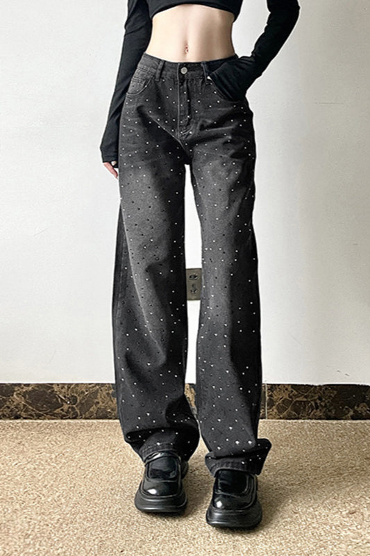 Washed Gradient Rhinestone Jeans Grey / S