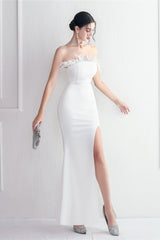 Elegant Feather Trim Strapless Formal Dress