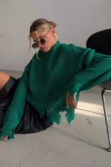 Edgy Distressed Crew Neck Solid Sweater