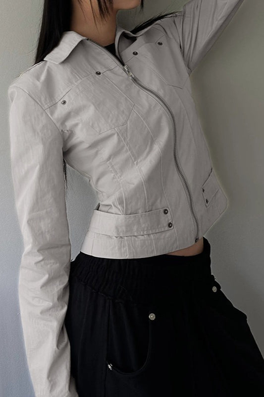 Zip Up Solid Color Utility Jacket Ivory / S