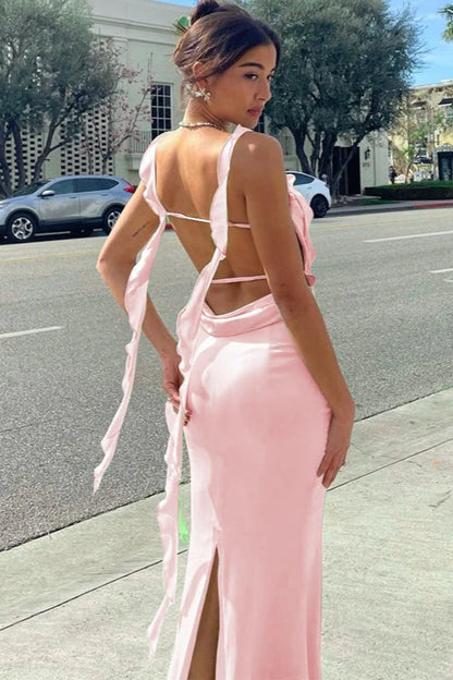 Ribbon Backless Sleeveless Split Maxi Dress