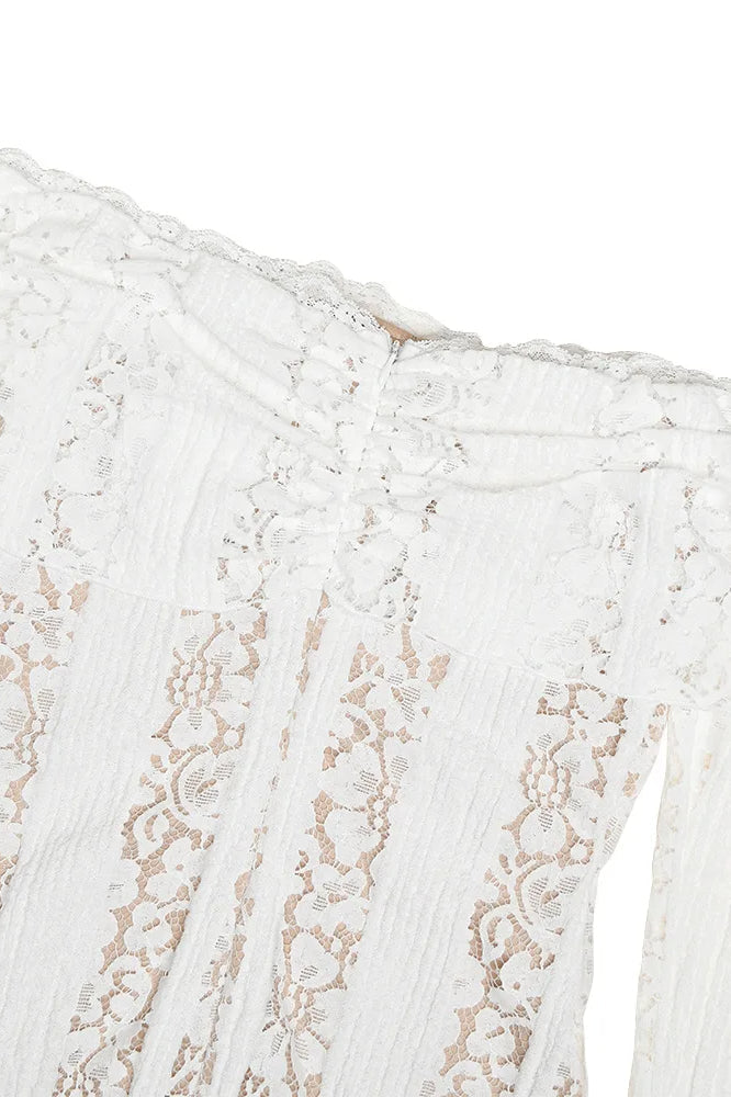 White Off Shoulder Long Sleeve Lace Maxi Dress