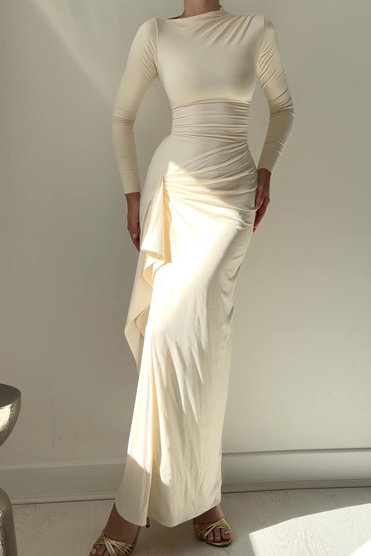 Slim Fit Pleated Long Sleeve Maxi Dress S / White