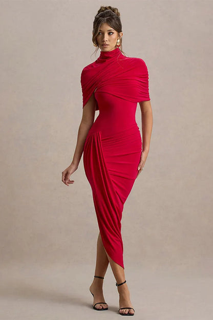 Solid High Neck Pleated Slim Waist Maxi Dress