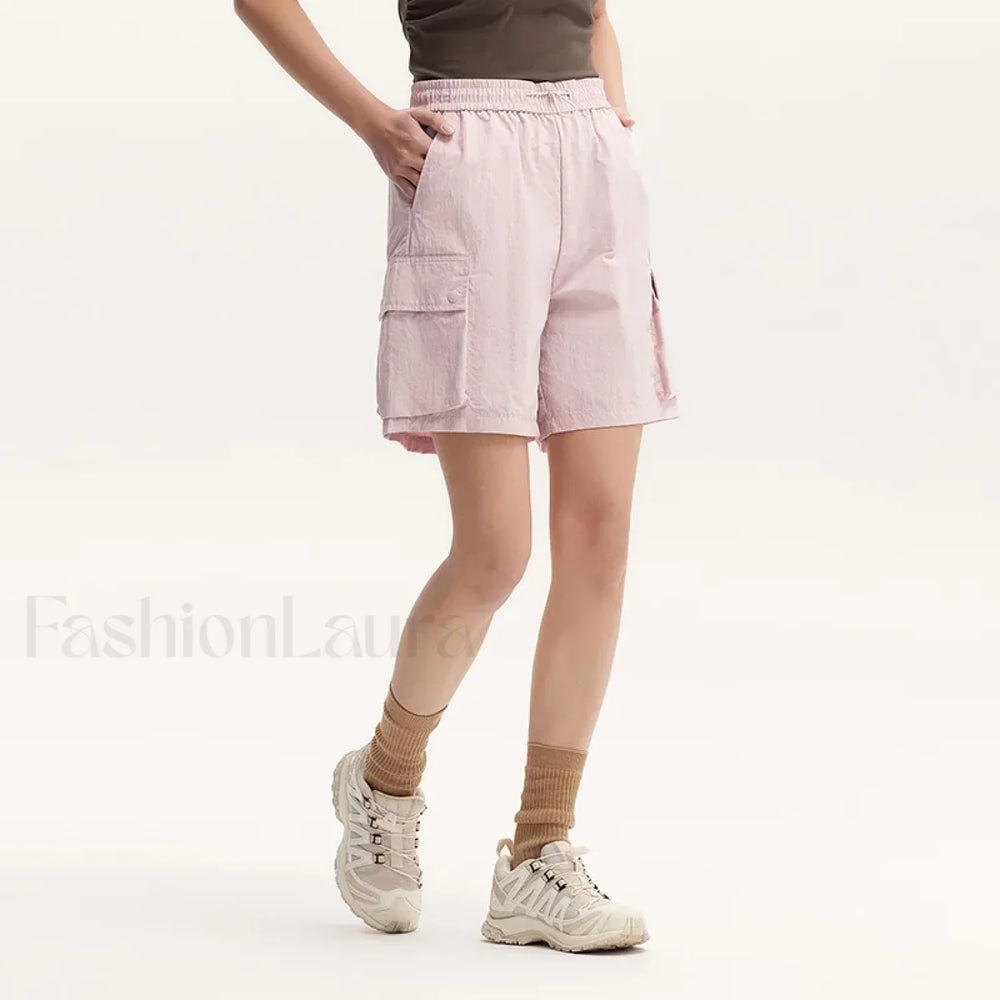 Elastic Waist Loose Fit Solid Color Retro Textured Short