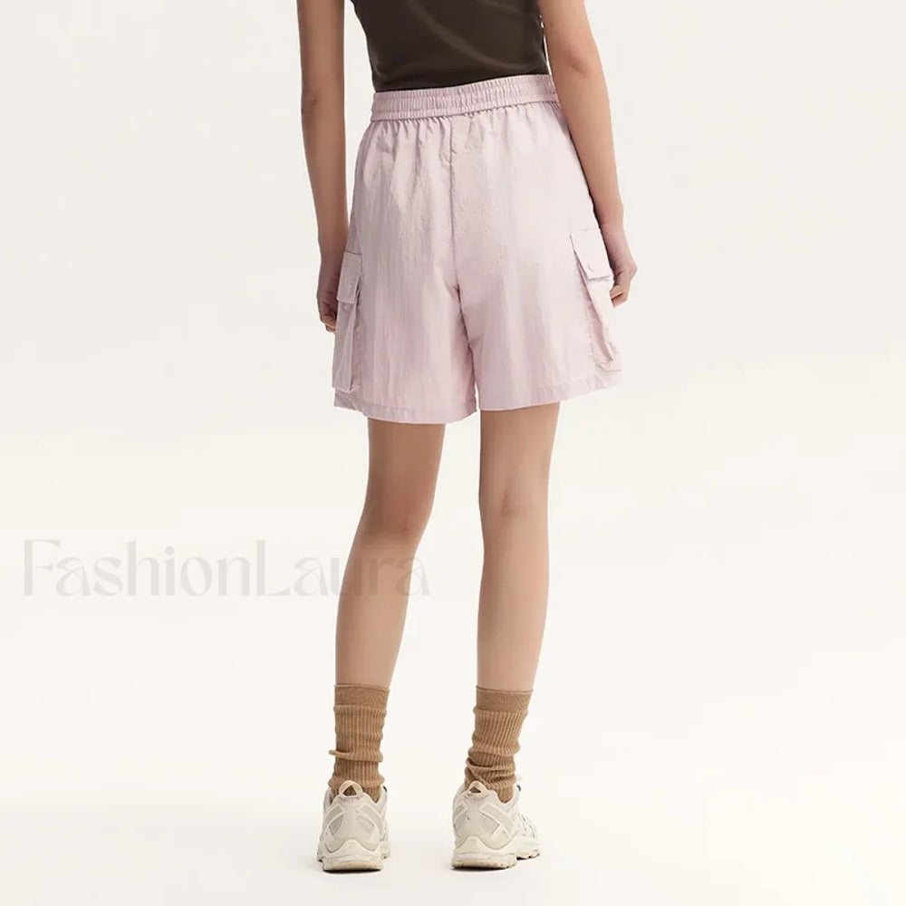 Elastic Waist Loose Fit Solid Color Retro Textured Short