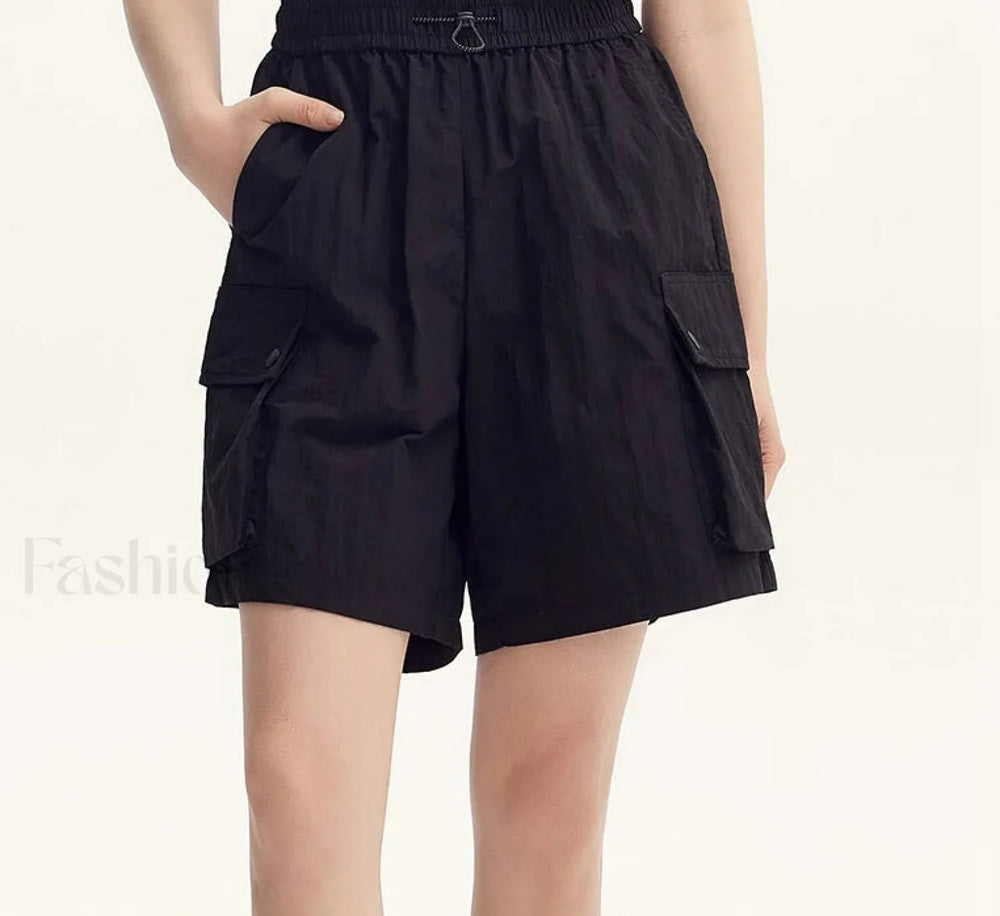 Elastic Waist Loose Fit Solid Color Retro Textured Short