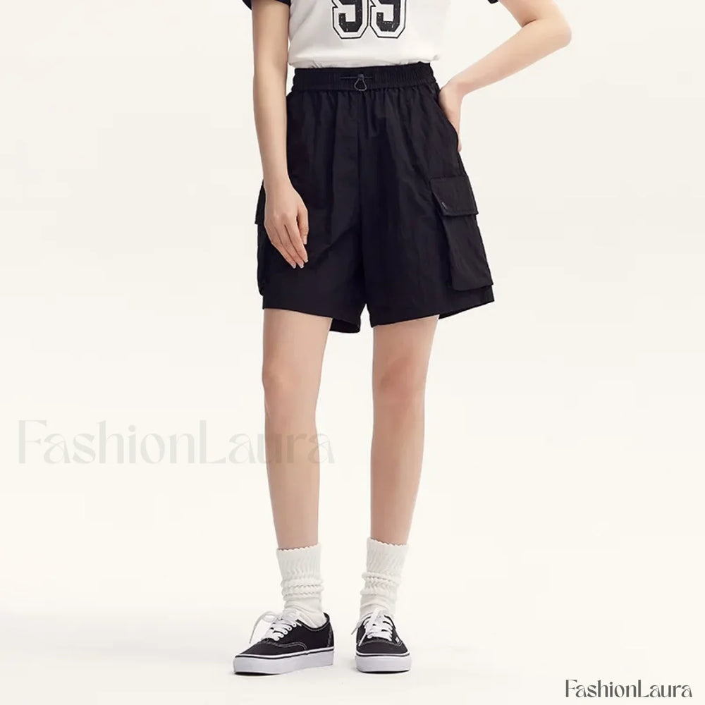 Elastic Waist Loose Fit Solid Color Retro Textured Short Black / S