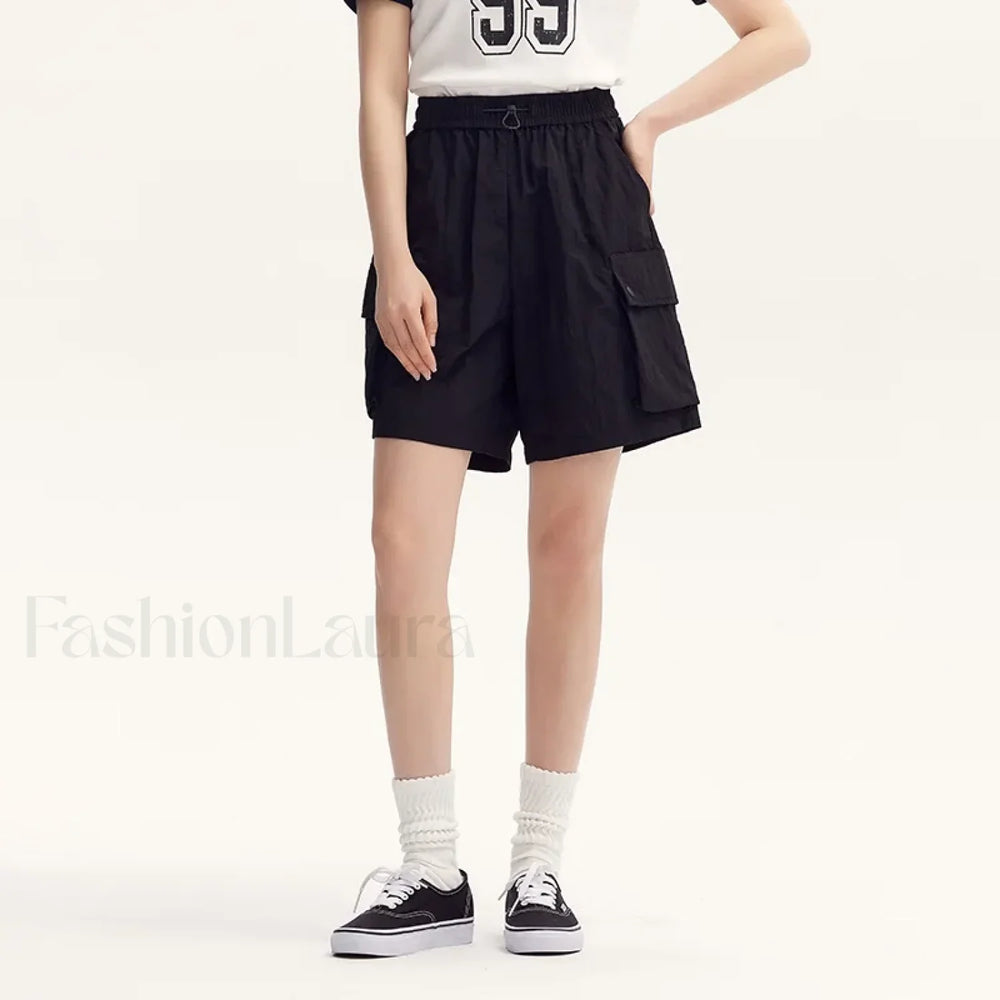 Elastic Waist Loose Fit Solid Color Retro Textured Short Black / S