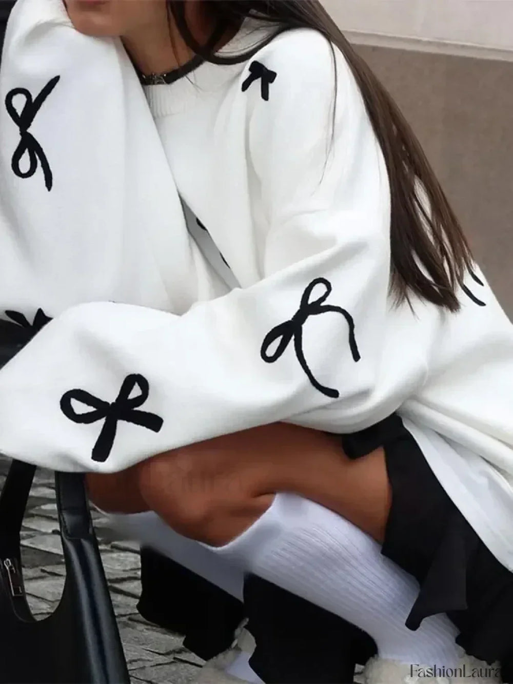 Elegant Bows Printed Round Neck Knitted Pullover Women Casual Long Sleeve Cropped Sweater Sweaters L