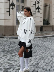 Elegant Bows Printed Round Neck Knitted Pullover Women Casual Long Sleeve Cropped Sweater Sweaters L