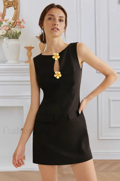 Elegant Button Front Waist Cinched Sleeveless Work Dress