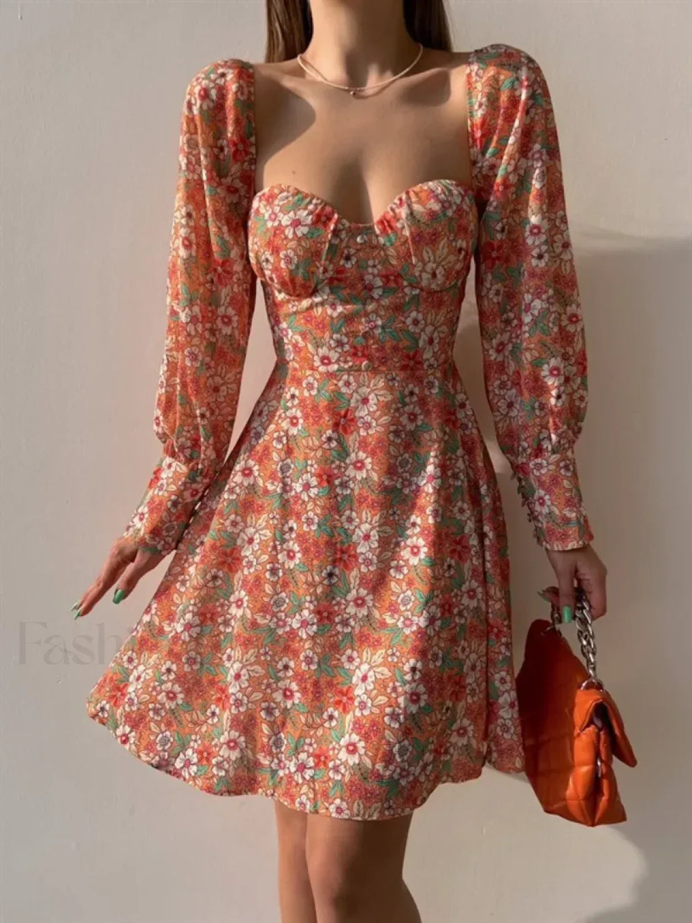 Elegant Dot Floral Prints Spring/Summer Women’s Low Cut Square Neck Full Lantern Sleeve Mini Dress