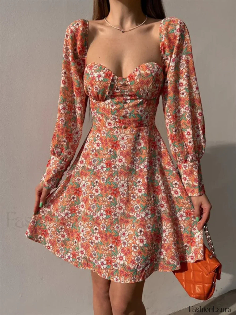 Elegant Dot Floral Prints Spring/Summer Women’s Low Cut Square Neck Full Lantern Sleeve Mini Dress