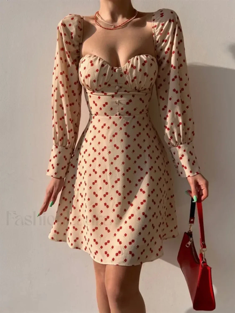 Elegant Dot Floral Prints Spring/Summer Women’s Low Cut Square Neck Full Lantern Sleeve Mini Dress