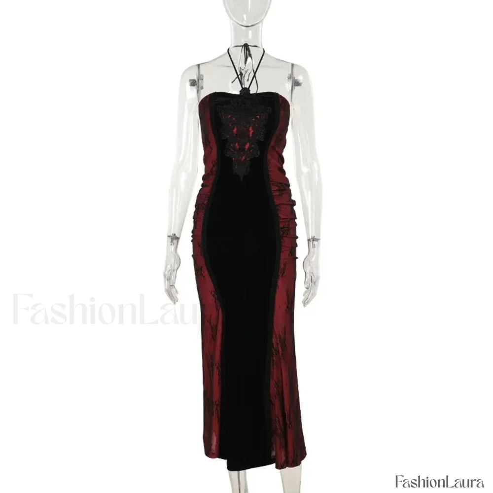 Elegant Fashion Bodycon Party Corset Maxi Gown Sweet Pleated Gothic Mesh Mermaid Hot Tight Halter Dress Red / S