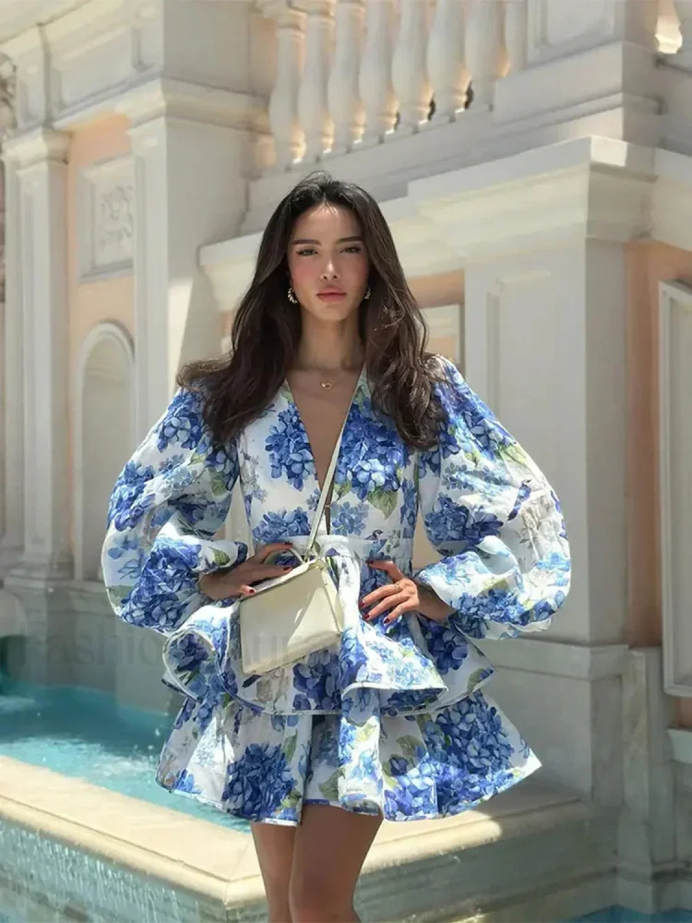 Elegant Floral Print Mini Dress Puff Sleeved Beach Floral Dress