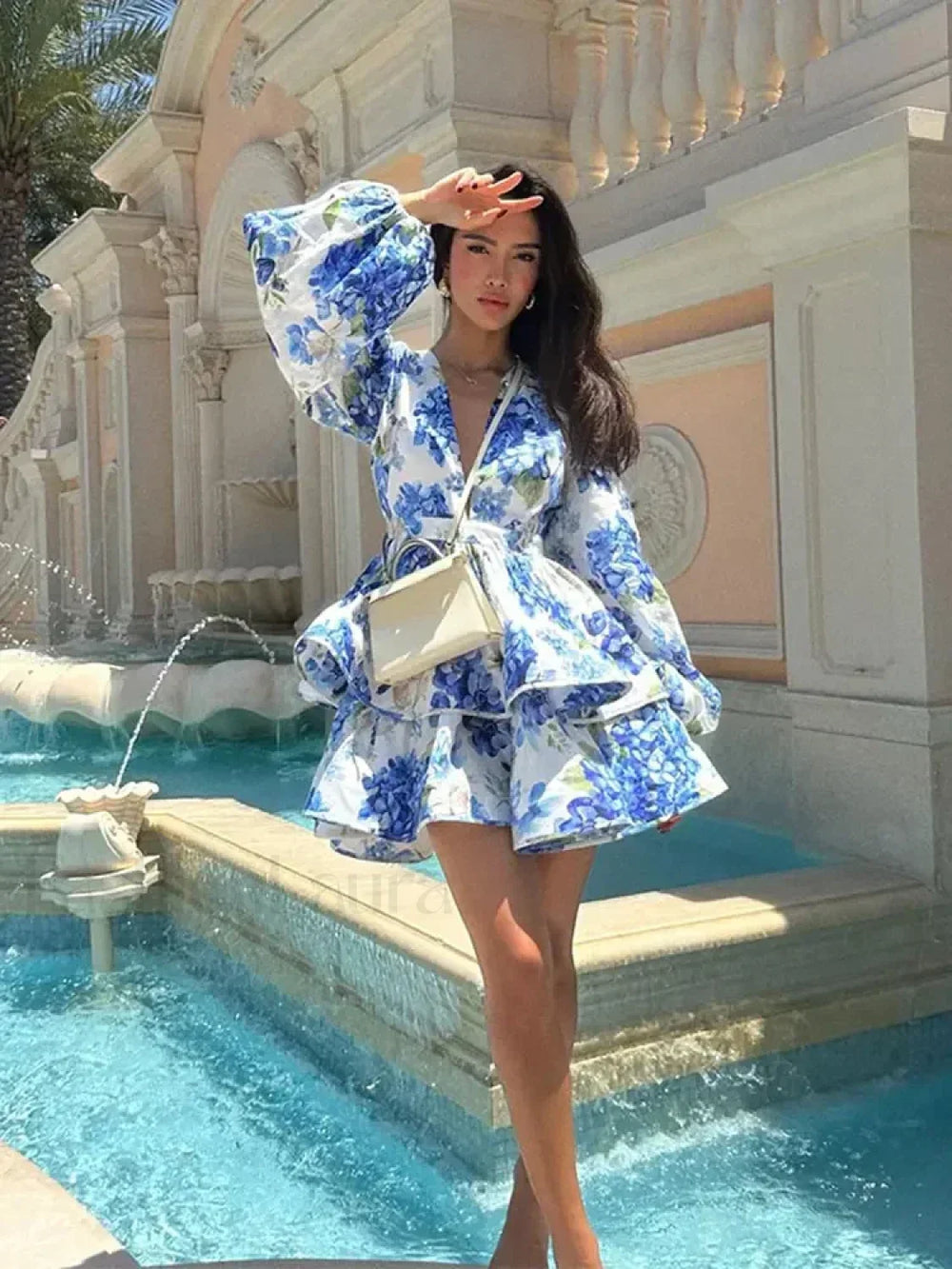 Elegant Floral Print Mini Dress Puff Sleeved Beach Floral Dress
