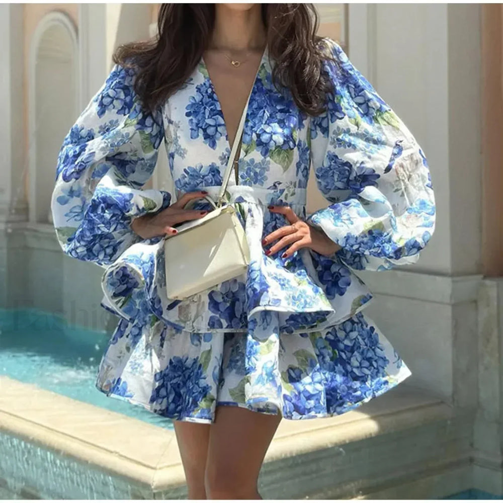 Elegant Floral Print Mini Dress Puff Sleeved Beach Floral Dress Blue / S