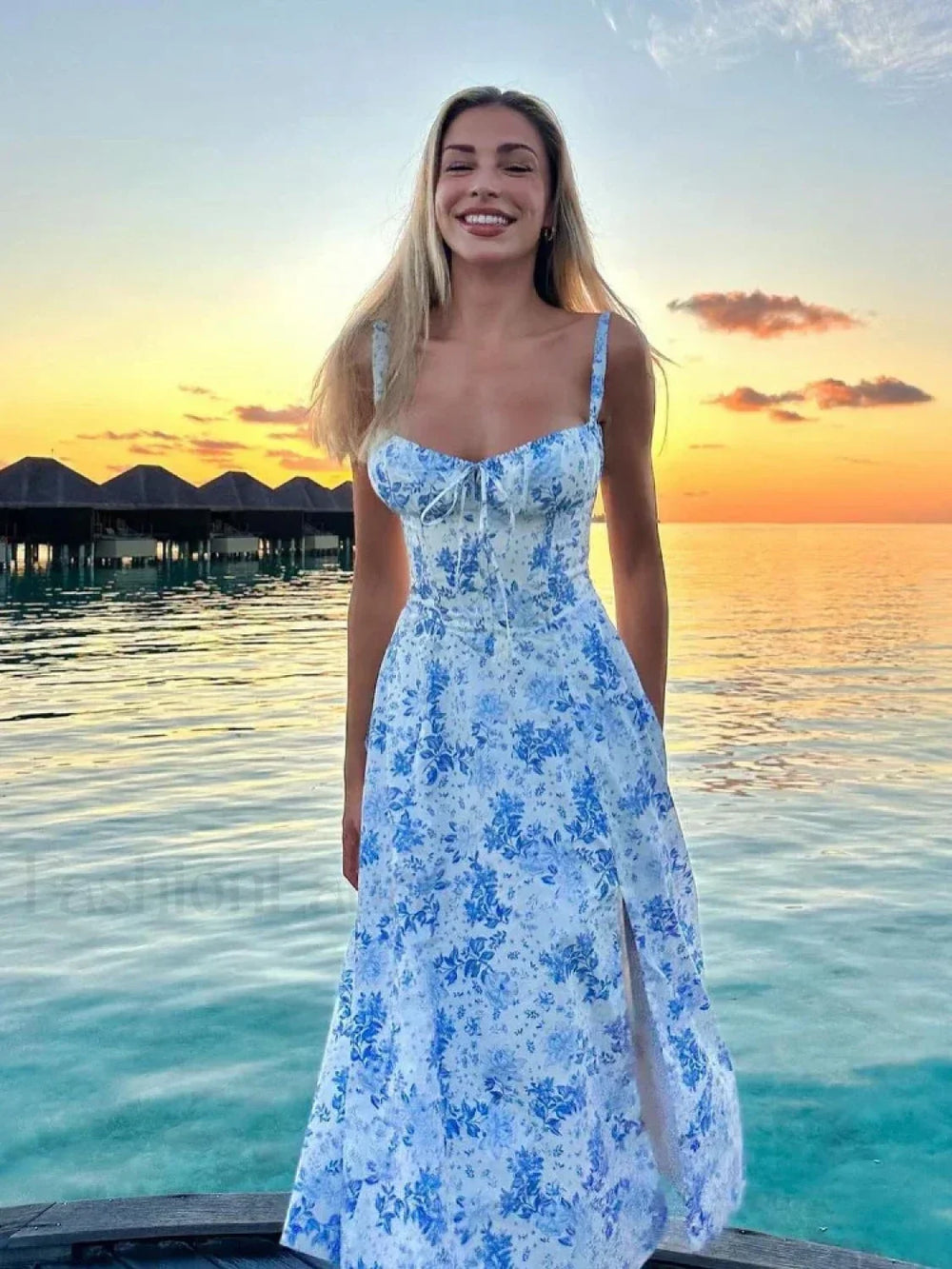 Elegant Floral Print Spaghetti Strap A Line Floral Dress blue / S (no corset)