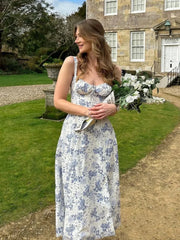 Elegant Floral Print Spaghetti Strap A Line Floral Dress white / S (no corset)