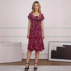 Elegant Floral Prints Square Neck Short Puff Sleeve Midi Dress