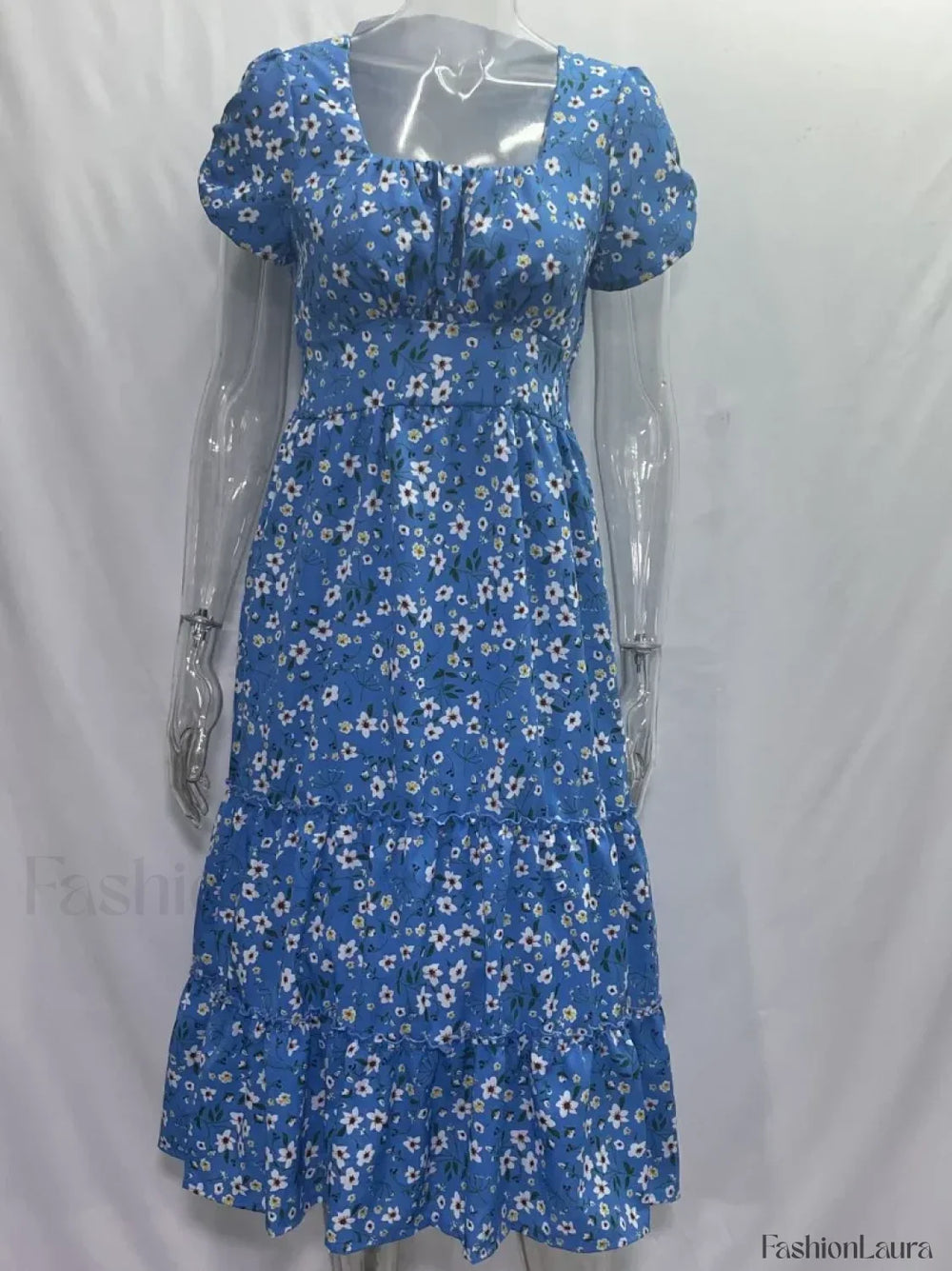 Elegant Floral Prints Square Neck Short Puff Sleeve Midi Dress