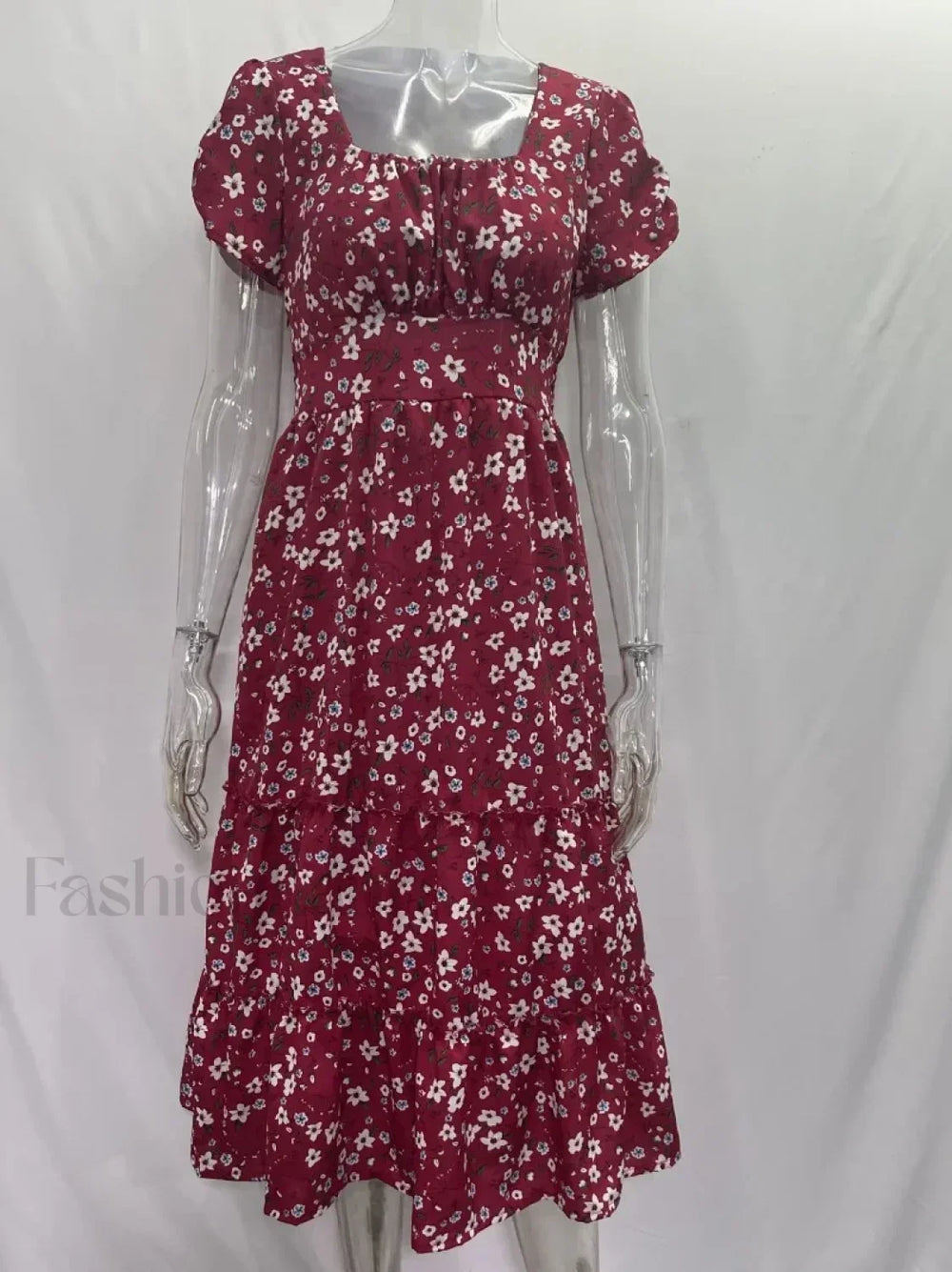 Elegant Floral Prints Square Neck Short Puff Sleeve Midi Dress