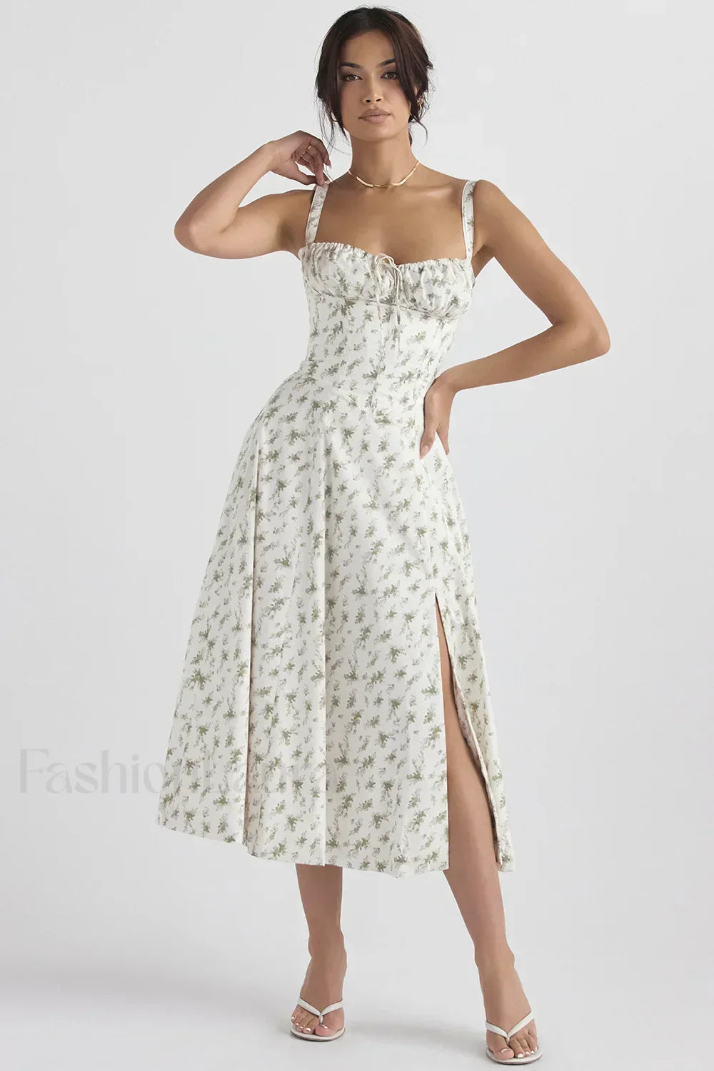 Elegant Floral Side Split Floral Dress white green / S