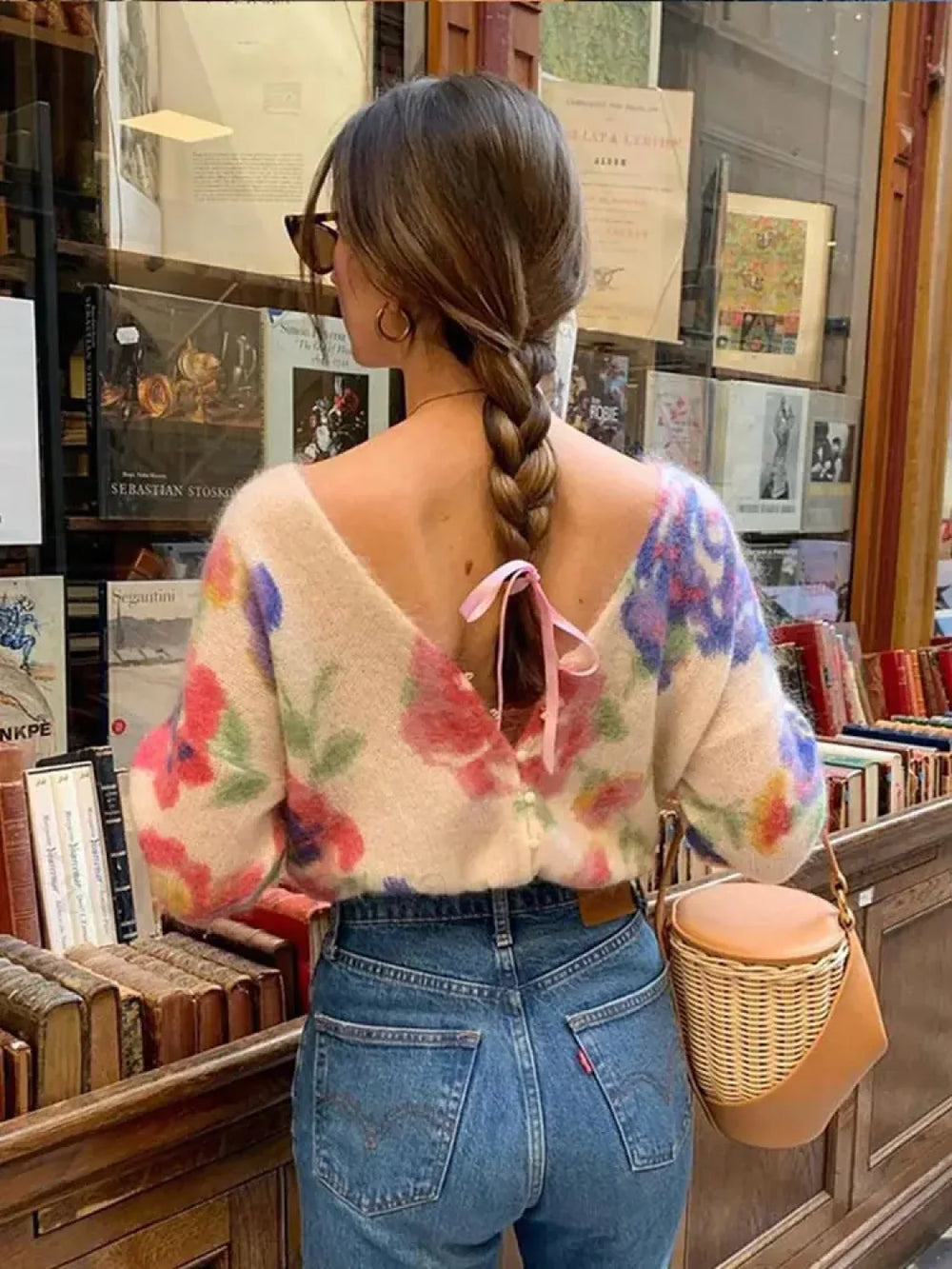 Elegant Flower Print Backless Knitted Women Fashion V Neck Long Sleeve Sweater Sweaters L