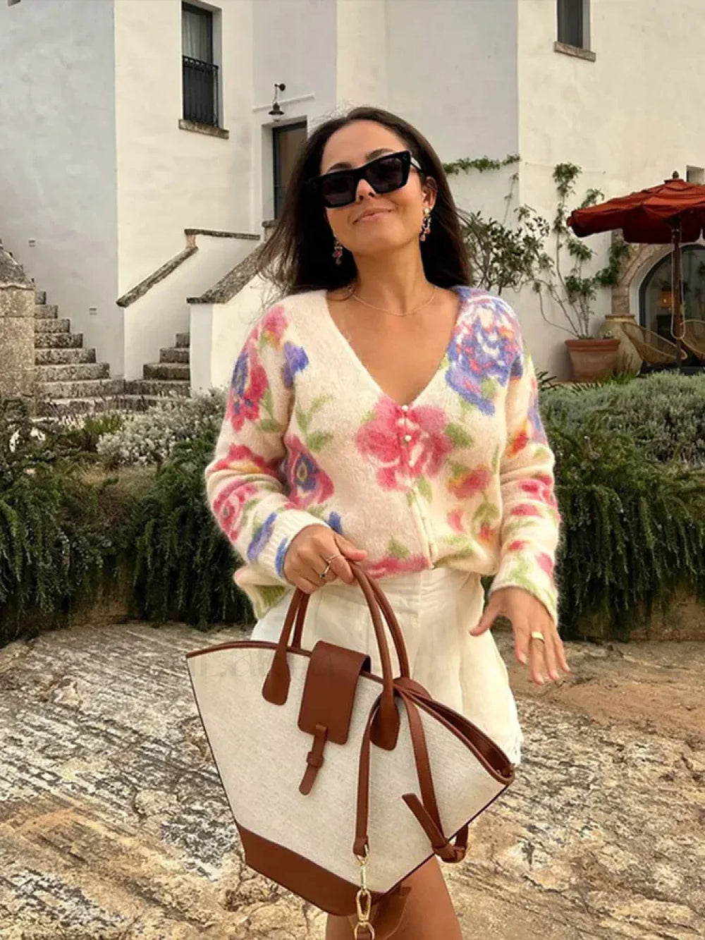 Elegant Flower Print Backless Knitted Women Fashion V Neck Long Sleeve Sweater WHITE / S Sweaters L