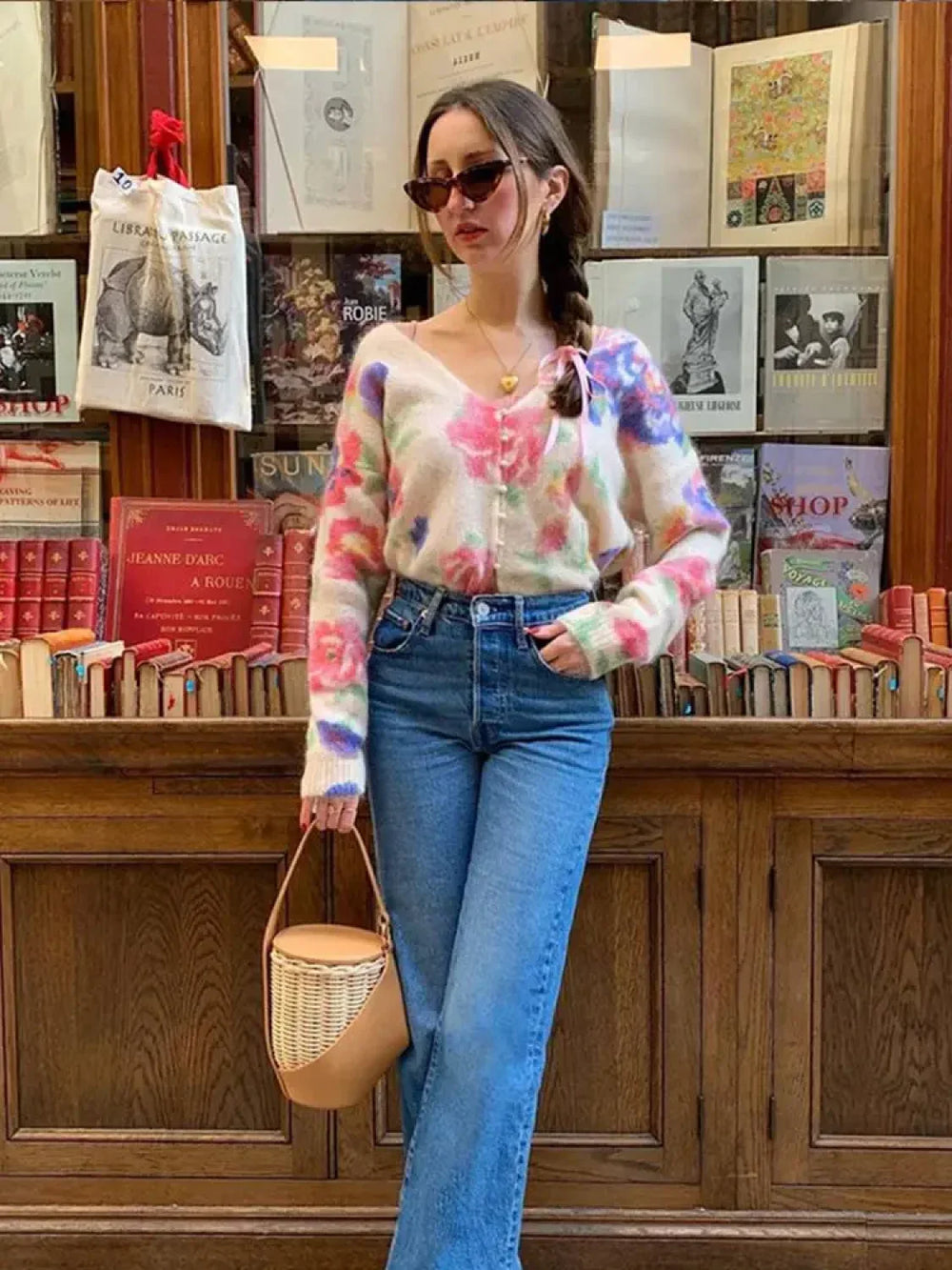 Elegant Flower Print Backless Knitted Women Fashion V Neck Long Sleeve Sweater Sweaters L