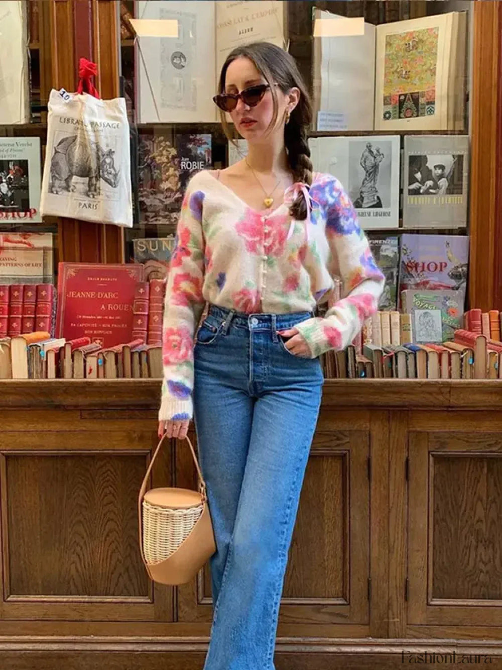 Elegant Flower Print Backless Knitted Women Fashion V Neck Long Sleeve Sweater Sweaters L