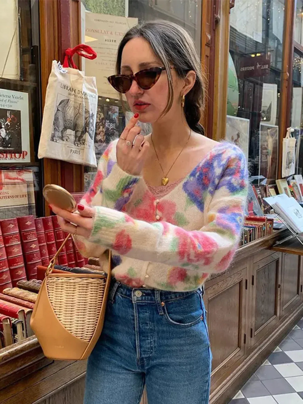 Elegant Flower Print Backless Knitted Women Fashion V Neck Long Sleeve Sweater Sweaters L