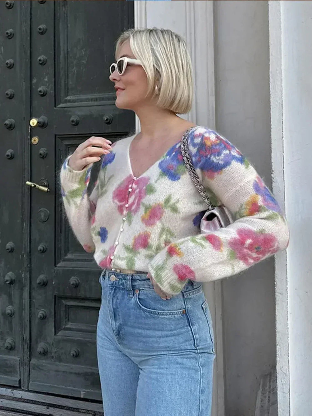 Elegant Flower Print Backless Knitted Women Fashion V Neck Long Sleeve Sweater Sweaters L