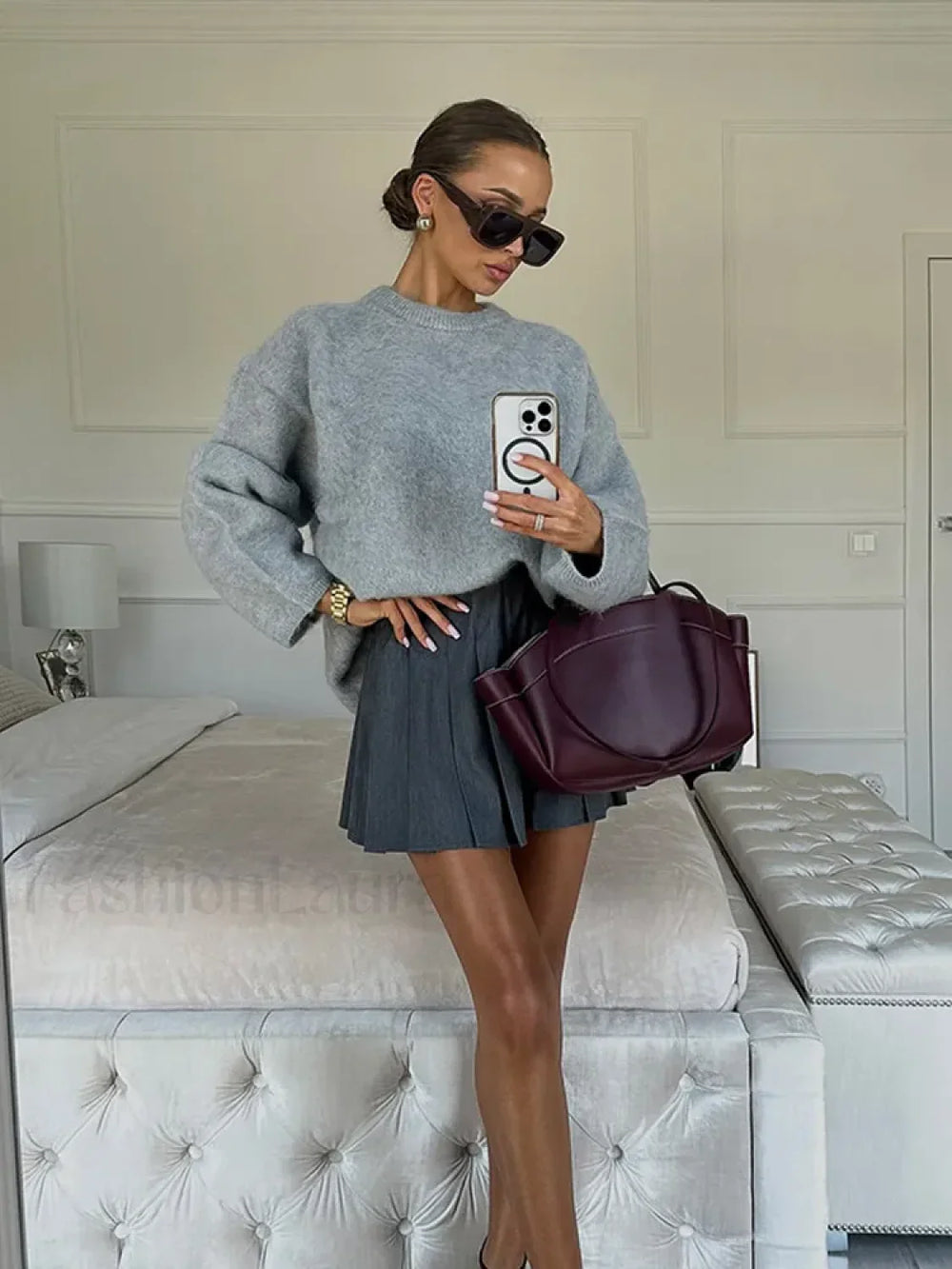 Elegant Grey Round Neck Long Sleeves Loose Casual Knitted Pullover 2024 New Fashion Sweater Sweaters L