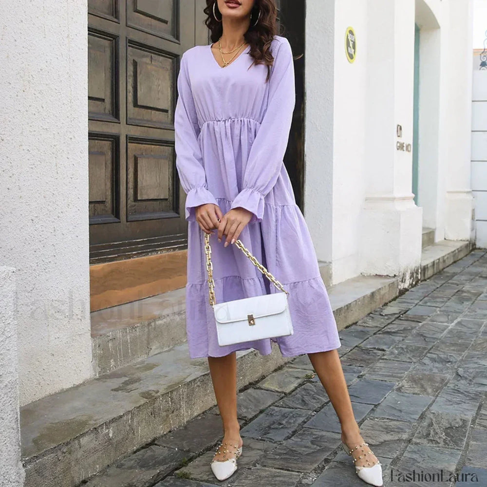 Elegant Layered Swing High Waist Full Flare Sleeve Casual Midi Dress Light Purple / S