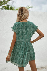 Elegant Leopard Print Floral Prints Summer Women 2024 New Loose V Neck Ruffled Short Sleeved Mini Dress