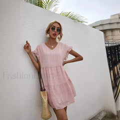 Elegant Leopard Print Floral Prints Summer Women 2024 New Loose V Neck Ruffled Short Sleeved Mini Dress