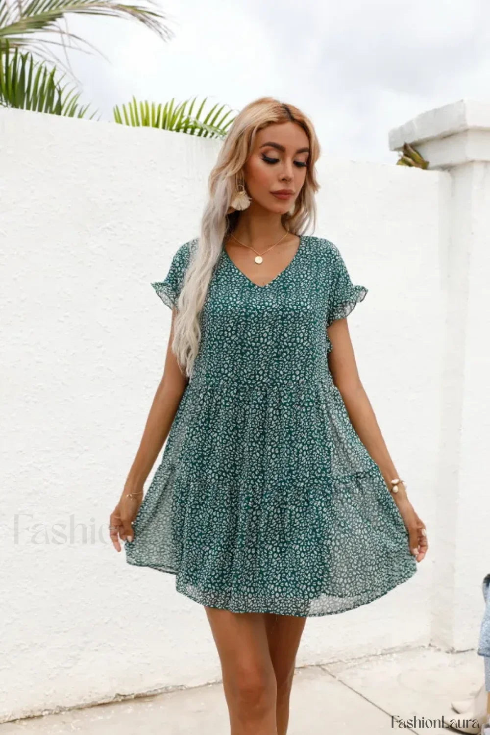 Elegant Leopard Print Floral Prints Summer Women 2024 New Loose V Neck Ruffled Short Sleeved Mini Dress Green / S