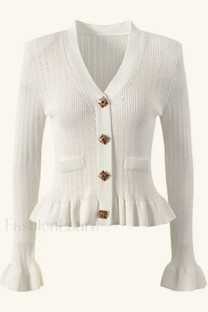 Elegant Lotus Leaf Hem Knit Cardigan White / S