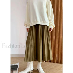 Elegant Pleated High Quality Black Midi Skirt dark Khaki / One Size