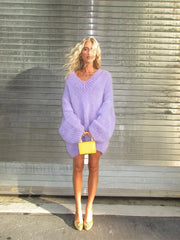 Elegant Purple Deep V Neck Knitted Pullover Casual Long Sleeves Loose Sweater Purple / S Sweaters L