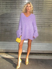 Elegant Purple Deep V Neck Knitted Pullover Casual Long Sleeves Loose Sweater Sweaters L